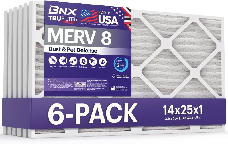 Photo 1 of *****STOCK IMAGE FOR SAMPLE*****
BNX TruFilter 14x24x1 Air Filter MERV 8 (6 Pack) - MADE IN USA – Dust & Pet Defense Electrostatic Pleated Air Conditioner HVAC AC Furnace Filters for Dust, Pet, Mold, Pollen MPR 600 – 700 & FPR 5
