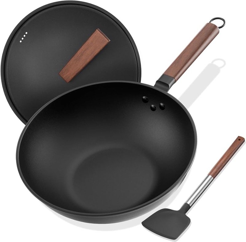 Photo 1 of (see images for damage)Carbon Steel Wok, 13-Inch, Pre-Seasoned, Non-Stick, with Lid and Spatula