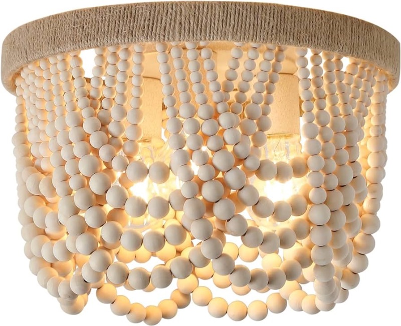 Photo 1 of  Wood Beaded Flush Mount Ceiling Light Farmhouse Rustic Small Boho Chandelier Light Fixture for Bedroom Hallway Entryway Closet Kitchen Dining Room Living Room Nursery 3-Lights