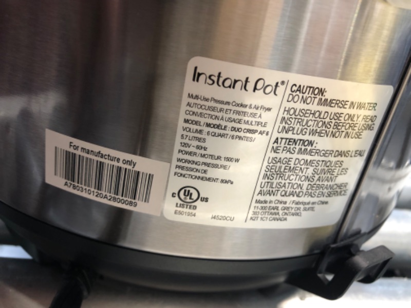 Photo 5 of ***NONREFUNDABLE - NOT FUNCTIONAL - FOR PARTS ONLY - SEE COMMENTS***
Instant Pot Duo Crisp 11-in-1 Air Fryer and Electric Pressure Cooker Combo with Multicooker Lids that Air Fries, Steams, Slow Cooks, Sautés, Dehydrates, & More, Free App With Over 800 Re