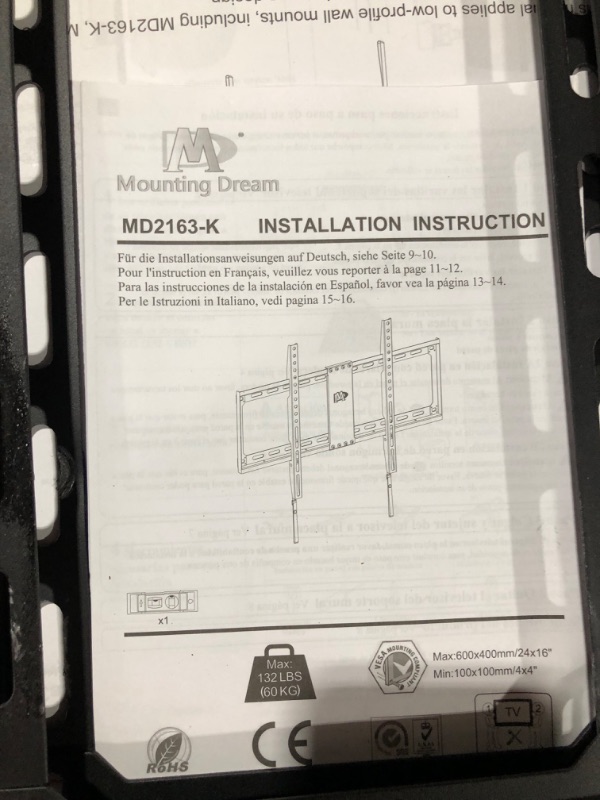 Photo 4 of Mounting Dream TV Mount Fixed for Most 42-84 Inch Flat Screen TVs, TV Wall Mount Bracket up to VESA 600 x 400mm and 132 lbs - Fits 16"/18"/24" Studs - Low Profile and Space Saving MD2163-K Black