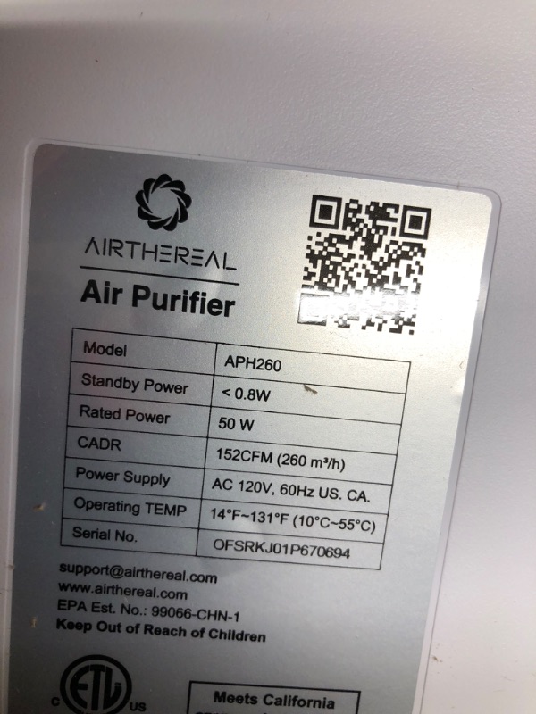 Photo 2 of ***USED - MISSING FILTER - POWERS ON - UNABLE TO TEST FURTHER***
Airthereal APH260 Air Purifier for Home Large Room and Office Removes Allergies, Dust, Smoke, Odors, and More - CARB ETL Certified, 152 CFM, Pure Morning