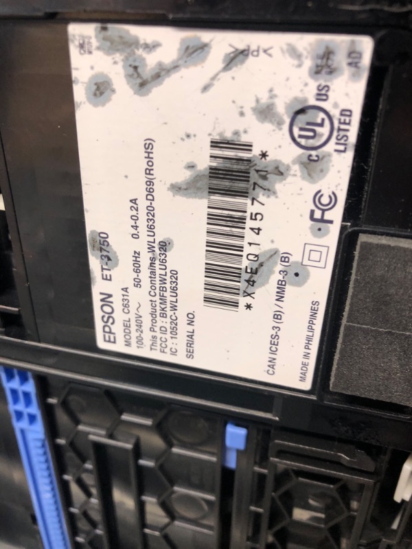 Photo 8 of ***USED - POWERS ON - UNABLE TO TEST FURTHER - USED AND DIRTY***
Epson WorkForce ET-3750 EcoTank Wireless Color All-in-One Supertank Printer with Scanner, Copier and Ethernet