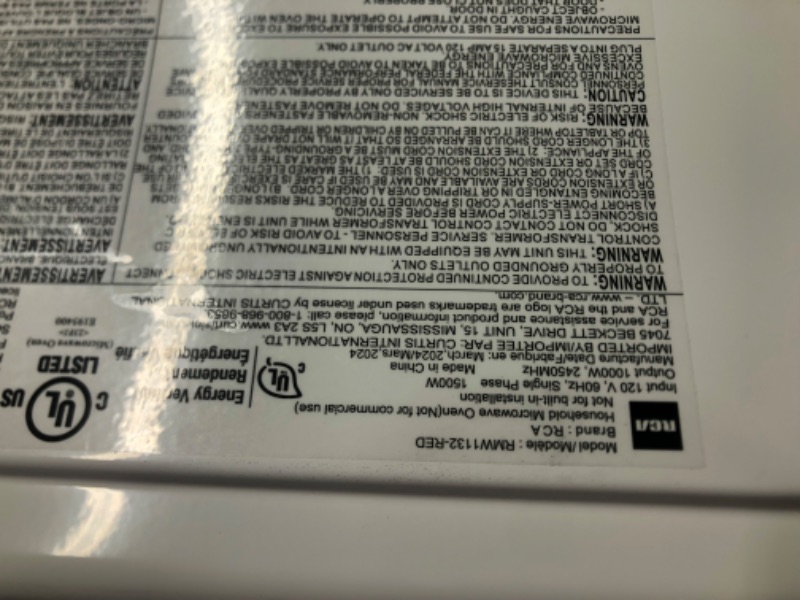 Photo 1 of ***USED - DAMAGED - SEE COMMENTS***
RCA RMW1132-RED 1.1 cu. ft. 1000W Microwave, Red