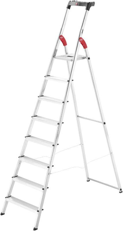 Photo 1 of ***SEE NOTES*** Hailo L60 StandardLine Aluminum Safety Step Ladder - Folding Ladder With 8 Steps, 330 lb Capacity - Stable Guide Pillar, Shelf Included - Made in Germany, Stainless - Silver