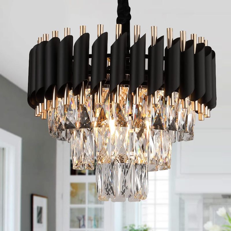 Photo 1 of (READ FULL POST) Modern Crystal Chandeliers 3 Tiers Black and gold Pendant Light Fixtures 16” Round Flush Mount Chandeliers Ceiling lighting Dimmable for Living Room Dining Room Foyer Bedroom Kitchen