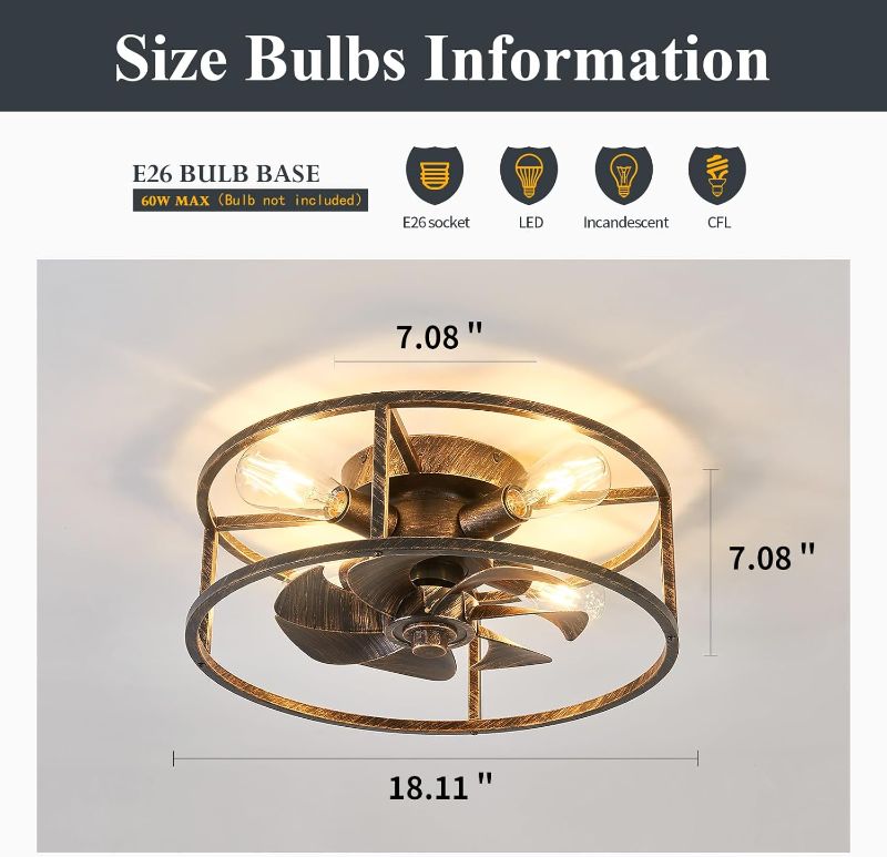 Photo 4 of (READ FULL POST) Bronze Caged Ceiling Fan with Lights Flush Mount Ceiling Fan with Remote Control 18 Inch Industry Metal Low Profile Fan for Farmhouse Dining Room Bedroom Kitchen Living Room.