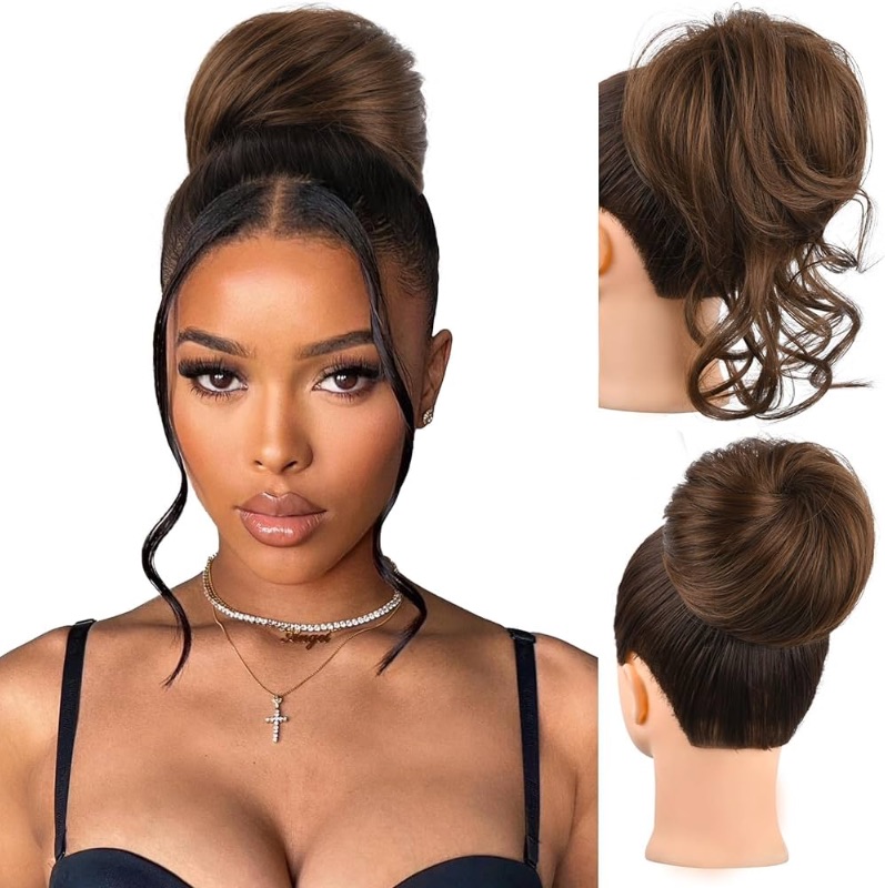 Photo 1 of HOOJIH Messy Bun Hair Piece, Elastic Drawstring Hair Bun Hair Piece Tousled Clip in Bun 1PC Loose Curls Full Hair Bun Extension 65 gram Large Top Knot Updo Hairpiece for Women - Medium Chocolate Brown