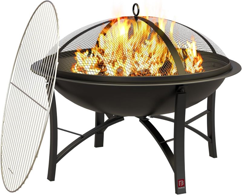 Photo 1 of Fire Beauty Fire Pit for Outside Wood Burning Firepit BBQ Grill Steel Fire Bowl with Spark Screen Cover, Log Grate, Poker for Camping Beach Bonfire Picnic Backyard Garden