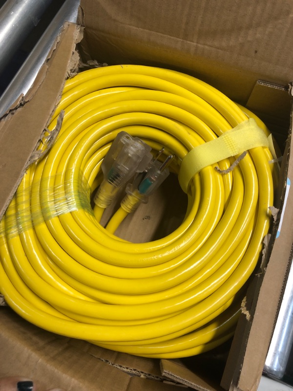 Photo 2 of 100 ft 12/3 Gauge Heavy Duty Outdoor Extension Cord Waterproof with Lighted, Flexible Cold Weather 3 Prong Electric Cord Outside, 15A 1875W 125V 12AWG SJTW, Yellow, ETL Listed HUANCHAIN 100FT 12/3 Extension Cord Yellow