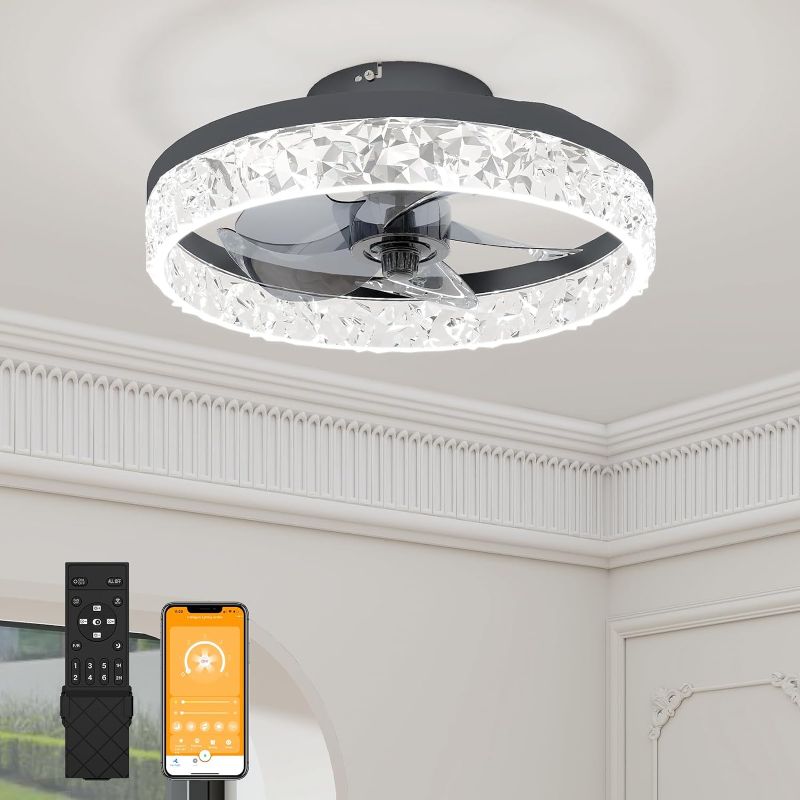 Photo 1 of (Similar to stock photo) VOLISUN Fandelier Ceiling Fans with Light, 15.7in Low Profile Ceiling Fan with Light and Remote, 3000K-6500K Dimmable Bladeless Ceiling Fan Flush Mount, Black Modern Ceiling Fan with Light for Bedroom