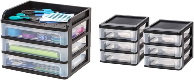 Photo 1 of ***CRACK IN PRODUCT***
IRIS USA Medium Desktop Drawer System, 1 Pack, Black and IRIS Compact Desktop 3-Drawer System, Black, 2 Pack