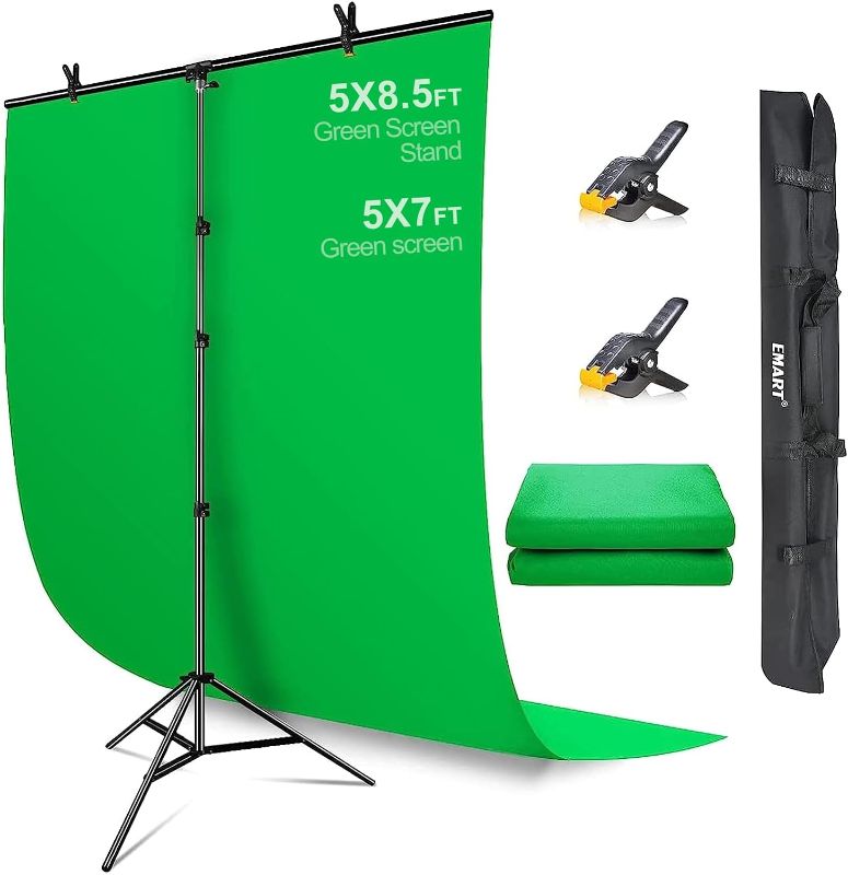 Photo 1 of EMART Green Screen Backdrop with Stand, 5 x 8.5ft T-Shaped Greenscreen Backdrop Stand with 5 x 7ft Greenscreen, Portable Green Screen Stand Kit for Zoom, Streaming, Gaming