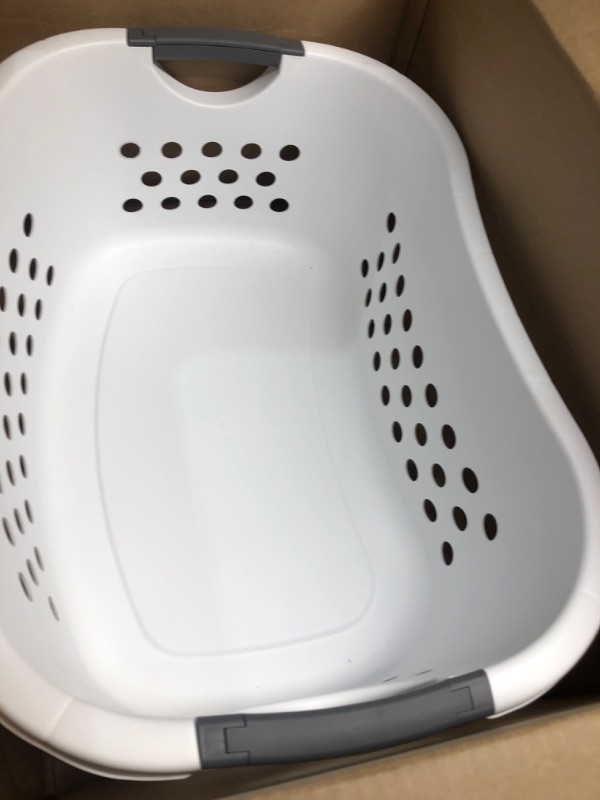 Photo 1 of IRIS USA 48L Plastic Hip Hold Laundry Basket Hamper Organizer with Built-In Comfort Carry Handles, 1.3 Bushel, for Closet, Dorm, Laundry Room, Bedroom, Nestable, Ventilation Hole, Large, White Large -1 Pack White