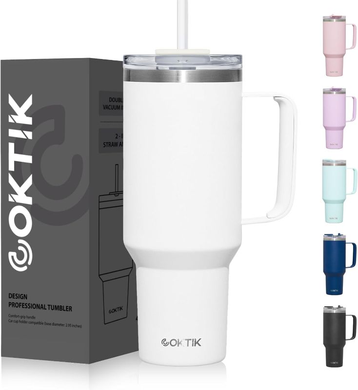 Photo 1 of (READ FULL POST) COKTIK 40 oz Tumbler With Handle and Straw Lid, 2-in-1 Lid (Straw/Flip), Vacuum Insulated Travel Mug Stainless Steel Tumbler for Hot and Cold Beverages,Easy to Clean (Cream White)