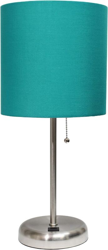 Photo 1 of Simple Designs LT2044-TEL Brushed Steel Stick Table Desk Lamp with USB Charging Port and Drum Fabric Shade, Teal Shade