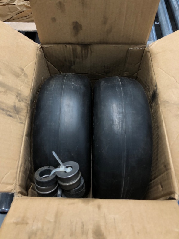 Photo 2 of 11x4.00-5” Flat Free Lawn Mower Tire and Wheel with 3/4" or 5/8" Bearing, 3.4"-4"-4.5"-5" Centered Hub, Smooth Tread Tire for Zero Turn Mowers, 2 Pcs