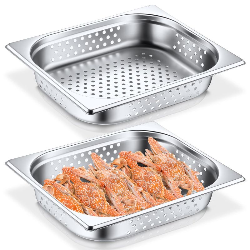 Photo 1 of Lounsweer 2 Pack Full Size Perforated Steam Pan Stainless Steel Half Size Perforated Steam Table Food Pan Commercial Catering Food Pan for Kitchen Restaurant Supplies(12.8" x 4'' x 20.87")