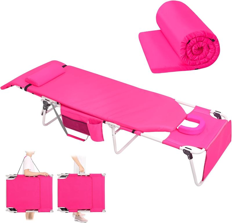Photo 1 of ***READ NOTES**
Women Comfy Tanning Chair with Mattress Face Hole, Heavy Duty Folding Chaise Lounge Chair with Pad Cushion for Outside Sunbathing Reading Patio Beach Poolside Lawn Camping, 300 LBS, Pink