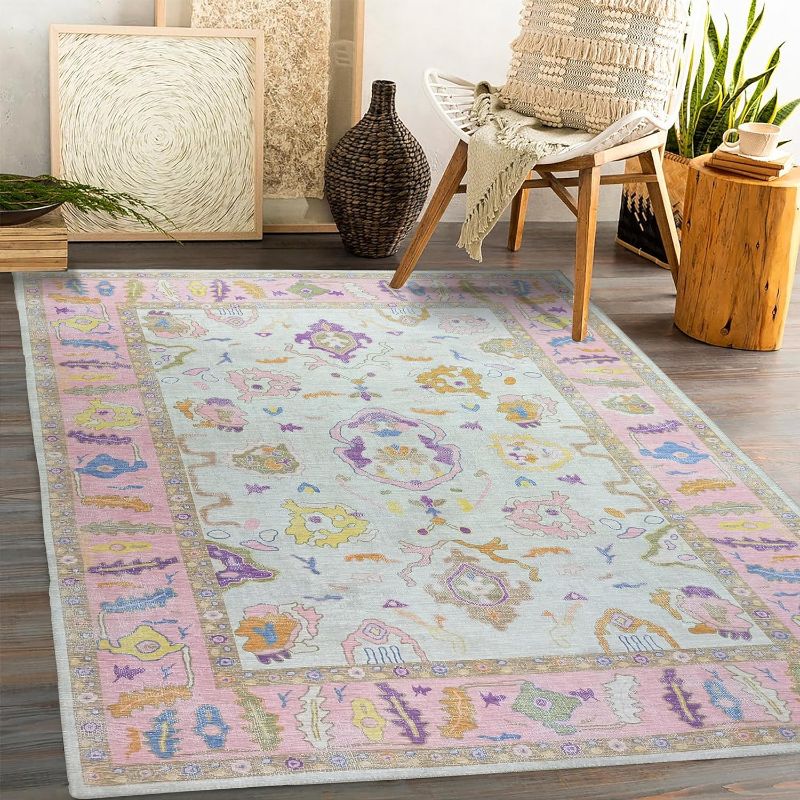 Photo 1 of Modern Oushak Rug, Vintage Turkish Pink Oriental Antique Inspired Washable Area Rugs, Luxury Living & Dining Room Lounge Bedroom Nursery 7'5 x 9'9