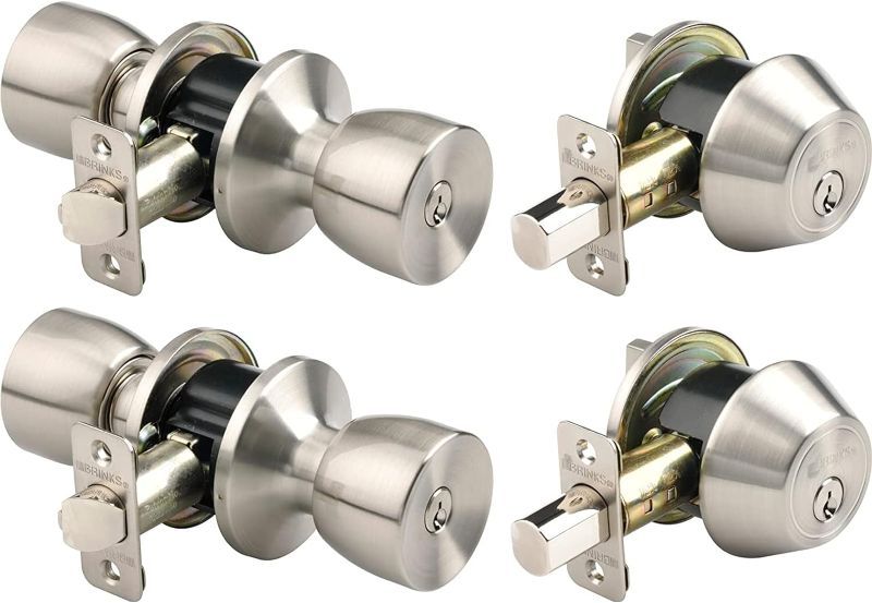 Photo 1 of Bell Style Keyed Entry Door Knob and Single Cylinder Deadbolt Set, 2-Pack - Keyed Alike, Satin Nickel