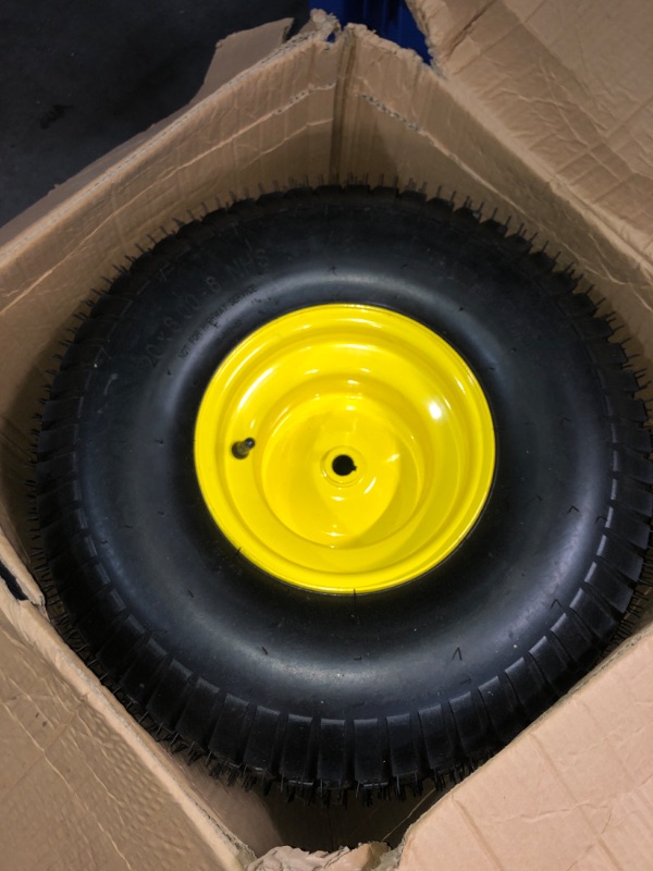 Photo 2 of (2-Pack) 20x8.00-8 Rear Tire and Wheel Assemblies - 4 Ply Tubeless Tire Compatible Replacement for Riding Lawn Mowers - 3/4" Borehole, 3.5" Offset Hub and 3/16" Keyway 20x8.00-8 Tubeless (Offset Hub) Yellow