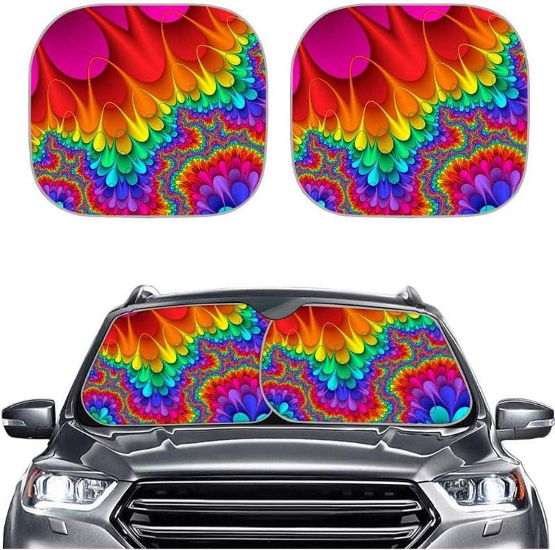 Photo 1 of  Rainbow Hippie Tribal Tie Dye 2-Piece Auto Windshield Sun Shade for Car SUV Truck,Foldable Vehicle Window Sun Visor Protector Unviersal Fit