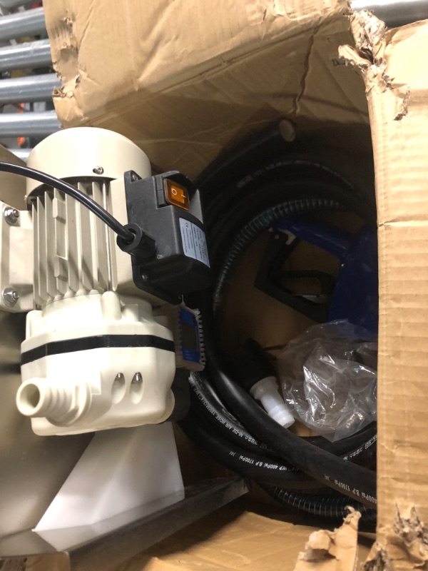 Photo 2 of (MISSING PARTS/ SEE NOTES) 
AmazonCommercial DEF Transfer Pump Kit 8GPM/30LPM 120VAC 300W 2.5A with EPDM 20' Foot Discharge & 5’ Foot Suction Hoses, Hose Barb Tail rings, Plastic Automatic Nozzle, Flow Meter & Wall Mount Bracket