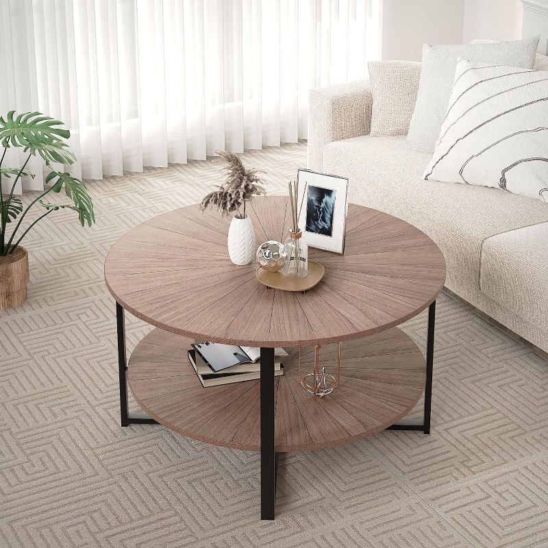 Photo 1 of (minor damage) Round Wood Coffee Table, Coffee Table with Storage Open Shelf, 31.49 inch 2 Tier 