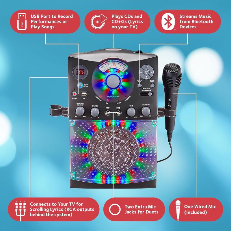 Photo 5 of (READ FULL POST) Singing Machine Karaoke Machine for Kids and Adults with Wired Microphone - Built-In Speaker with LED Disco Lights - Wireless Bluetooth, CD+G & USB Connectivity - Black [Amazon Exclusive]