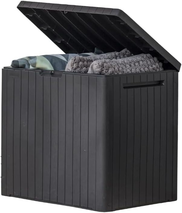 Photo 1 of Keter City 30 Gallon Resin Deck Box for Patio Furniture, Pool Accessories, and Storage for Outdoor Toys, Dark Grey