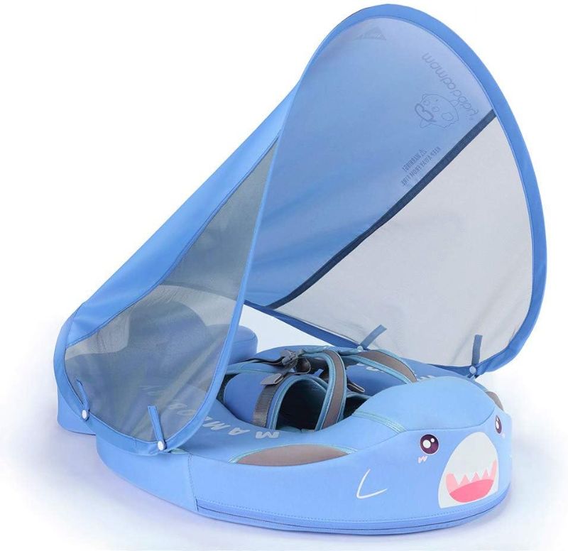 Photo 1 of AnjeeIOT Mambobaby Baby Float with Canopy, Non Inflatable Swimming Pool Float UPF 50+ Canopy No Flip Over Upgrade Tail Pool Float Water Float Pool Toys for Infant Toddler 3-24 Months, Shark Blue