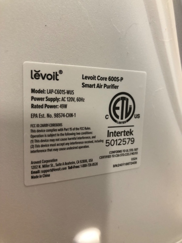 Photo 3 of ***USED - POWERS ON - UNABLE TO TEST FURTHER***
LEVOIT Air Purifiers for Home Large Room Up to 3175 Sq. Ft with Smart WiFi, PM2.5 Monitor, HEPA Sleep Mode, 3-in-1 Filter for Smoke, Pet Allergies, Dust and Odor, Alexa Control, Core 600S-P, White