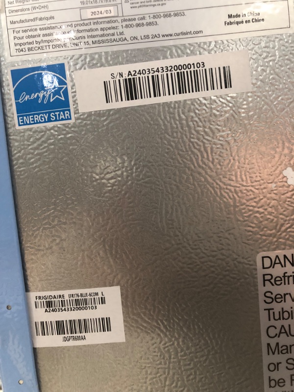 Photo 7 of (MAJOR DAMAGE/ SEE NOTES) Frigidaire EFR176 Retro Compact Fridge with Chiller Mini Refrigerator with Built-in Bottle Opener for Office, Bedroom, Dorm Room or Cabin, 1.6 cu ft 16"D x 18"W x 18.5"H, Blue