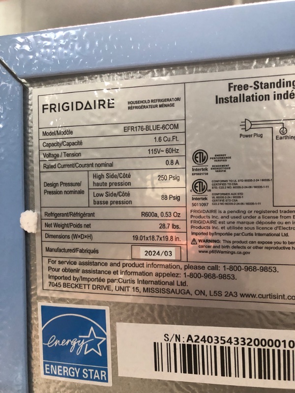 Photo 6 of (MAJOR DAMAGE/ SEE NOTES) Frigidaire EFR176 Retro Compact Fridge with Chiller Mini Refrigerator with Built-in Bottle Opener for Office, Bedroom, Dorm Room or Cabin, 1.6 cu ft 16"D x 18"W x 18.5"H, Blue