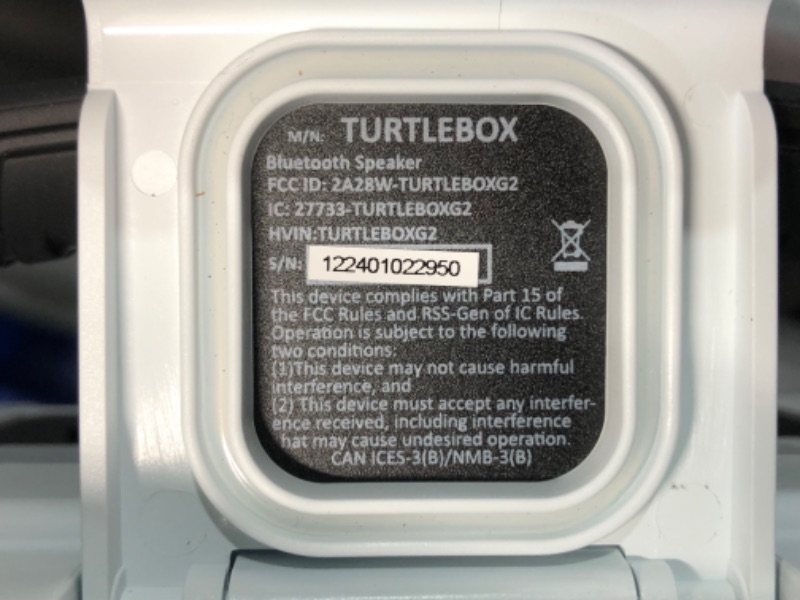 Photo 7 of ***USED - POWERS ON - UNABLE TO TEST FURTHER - SEE PICTURES***
Turtlebox Gen 2: Loud! Outdoor Portable Bluetooth Speaker | Rugged, Waterproof, Impact Resistant (Rich, Full Sound, Plays to 120db, Pair 2X for True L-R Stereo), White