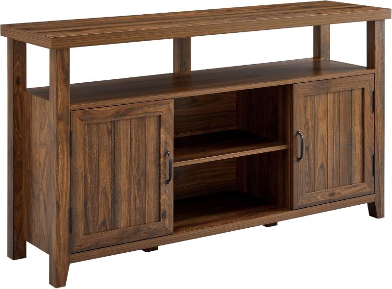 Photo 1 of **LOOOOSE HARDWARE**  Walker Edison Kent Modern Rustic Grooved Door Tall Stand for TVs up to 65 Inches, 58 Inch, Dark Walnut
