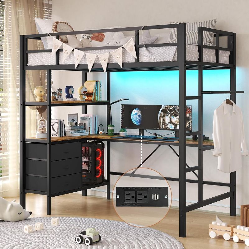 Photo 1 of **MISSING HARDWARE AND INSTRUCTIONS**
DICTAC Twin Metal Loft Bed with L-shaped Desk, LED Lights,Charging Station LED Loft Bed, Black
