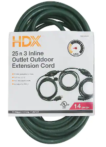 Photo 1 of 25 ft. 14/3 3 Outlet Extension Cord, Green
