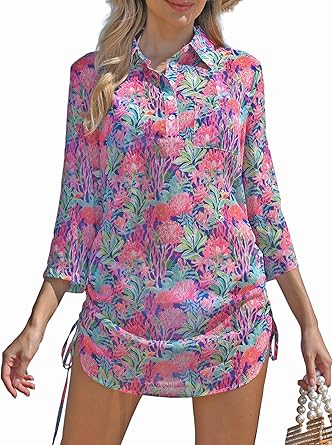 Photo 1 of **MEDIUM* RAISEVERN Women Bathing Suit Cover Ups Hand Drawn Print 2024 Bikini Swimsuit CoverUp Drawstring Beach Dress Shirt