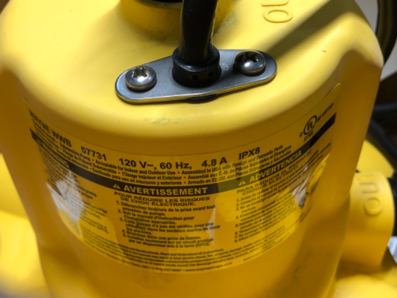 Photo 1 of ***USED - MAKES GRINDING NOISE WHEN PLUGGED IN - UNABLE TO TEST FURTHER***
WAYNE WaterBUG 1/6 HP 1350 GPH Submersible Multi-Flo Technology-Water Removal and Transfer Pump, No Size, Yellow WWB WaterBug 1/6 HP 1350 GPH