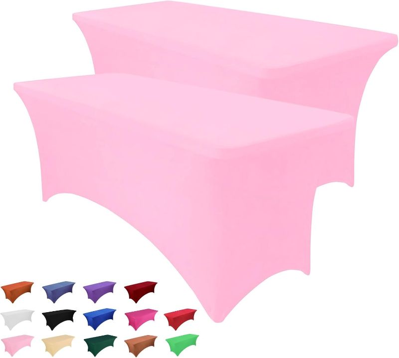 Photo 1 of (READ FULL POST) 2 Pack 6FT Table Cloth for Rectangle Table - PINK Tablecloth Rectangular Fitted Stretch Spandex Table Covers 6 ft for Birthday, Cocktail, Wedding, Banquet Fall Outdoor Party