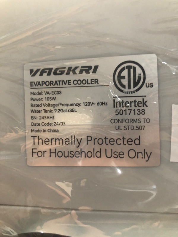 Photo 3 of ***ITEM TESTED FOR POWER, UNABLE TO TEST FURTHER***VAGKRI Evaporative Air Cooler, 2200CFM Swamp Cooler, 120°Oscillation Air Cooler with Remote Control, 24H Timer, 3 Modes & Wind Speeds for Outdoor Indoor Use, 9.2Gallon