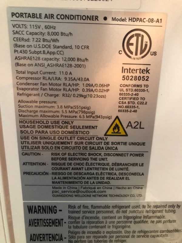 Photo 5 of ***ITEM TESTED FOR POWER, UNABLE TO TEST FURTHER***12,000 BTU Portable Air Conditioner Cools Up to 500 Sq.Ft, 3-IN-1 Energy Efficient Portable AC Unit with Remote Control & Installation Kits for Large Room, Campervan, Office, Temporary Space