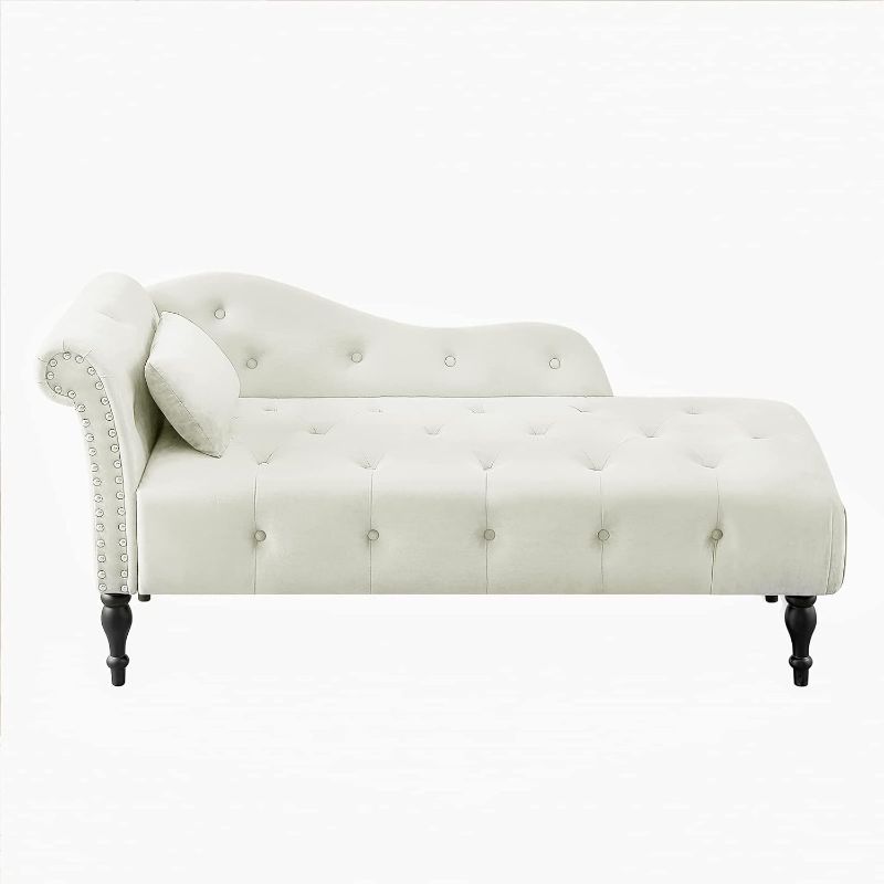 Photo 1 of ***STOCK PHOTO REFERENCE ONLY*** Velvet Chaise Lounge Indoor, 60” Tufted Upholstered Lounge Chair with Pillow & Left Rolled Arm Nailhead Trim for Bedroom Living Room Office, White