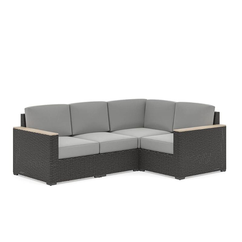 Photo 1 of **MISSING CUSHION BOX, 3 OF 3**  Homestyles 6801-40 4 Boca Raton Outdoor Sectional Sofa Seating, Weatherproof Woven Wicker Rattan with Acacia Wood Accents, Grey/Brown Grey / Brown 4 Seat