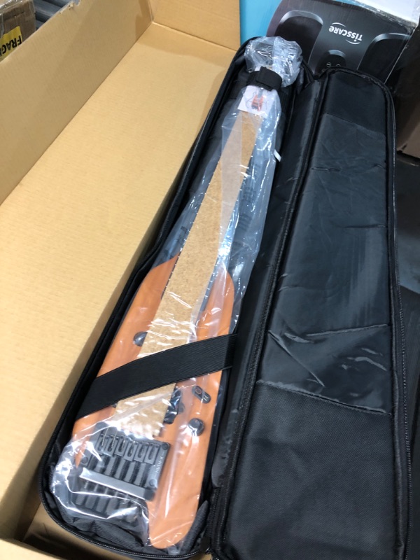 Photo 5 of Donner HUSH-X Electric Guitar Kit - Featherlight Headless Guitar, Great for Travel and Practice, Mahogany Solid Body with Easy Assemble Stands, Gig Bag, All Accessories, Natural