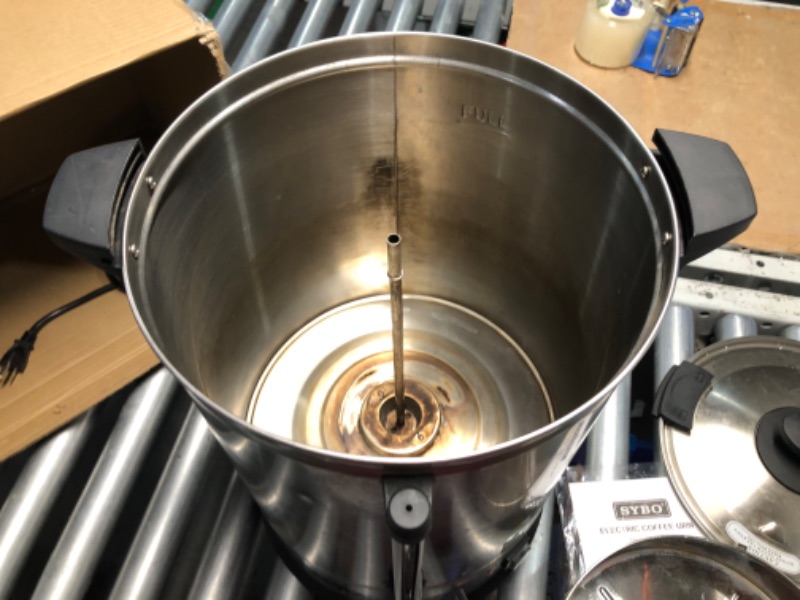 Photo 5 of ***HEAVILY USED AND DIRTY - DOESN'T POWER ON - UNABLE TO TROUBLESHOOT - SEE PICTURES***
SYBO SR-CP-100B Commercial Grade Stainless Steel Percolate Coffee Maker Hot Water Urn for Catering, 100-Cup 16 L, Metallic
