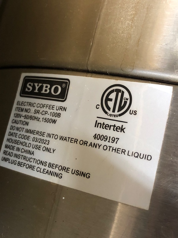 Photo 3 of ***HEAVILY USED AND DIRTY - DOESN'T POWER ON - UNABLE TO TROUBLESHOOT - SEE PICTURES***
SYBO SR-CP-100B Commercial Grade Stainless Steel Percolate Coffee Maker Hot Water Urn for Catering, 100-Cup 16 L, Metallic
