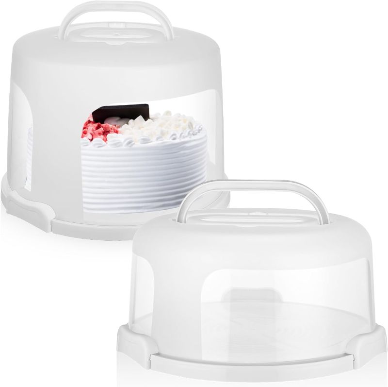 Photo 1 of 2 Pcs 10 Inch/ 10 Inch High Round Cake Carrier with Lid and Handle White Plastic Cake Holder Portable Cake Stand Cake Container Cake Saver Cake Box with Cover for Cupcake Pie Serving Transport
